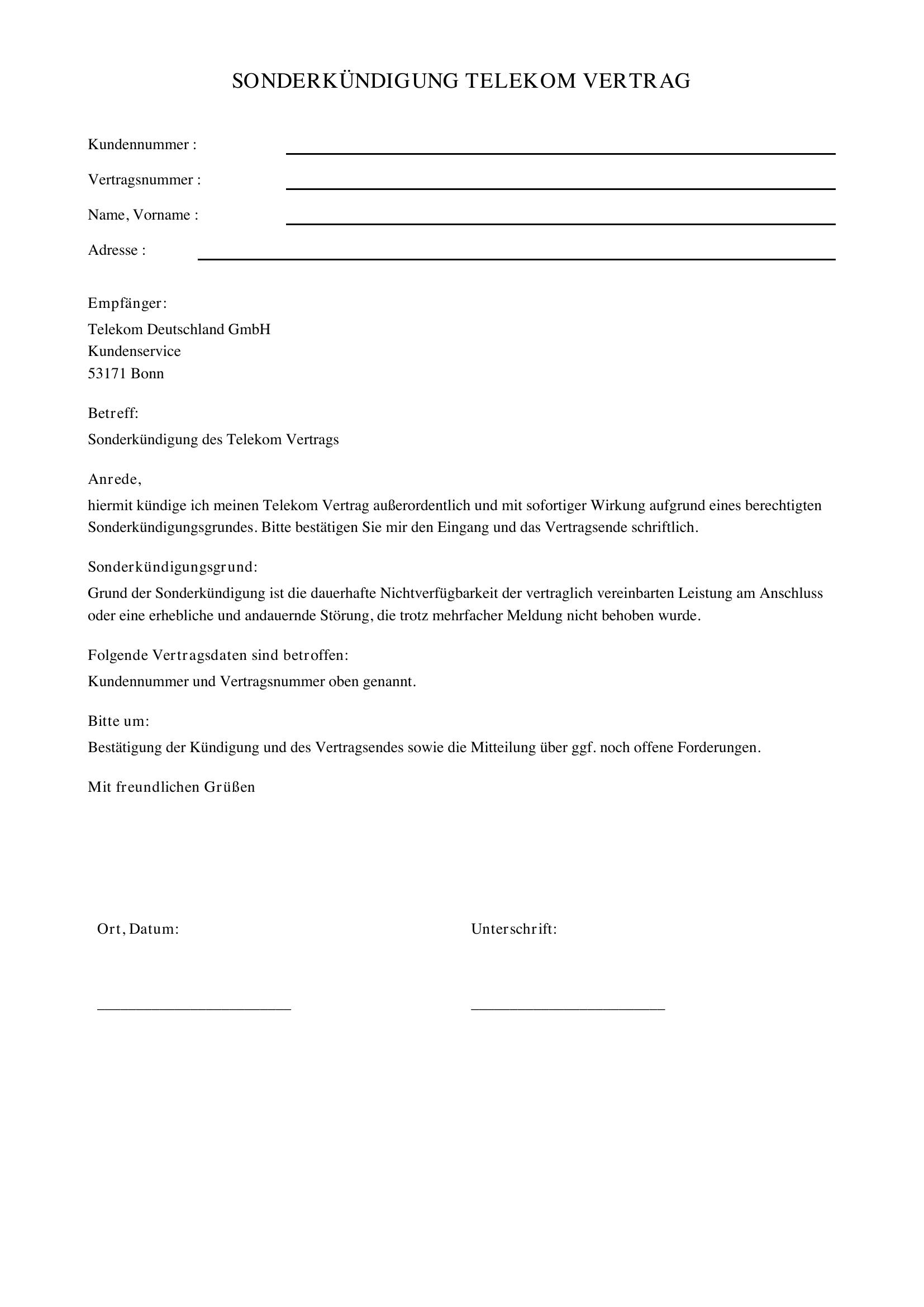 Telekom Sonderkündigung Vorlage