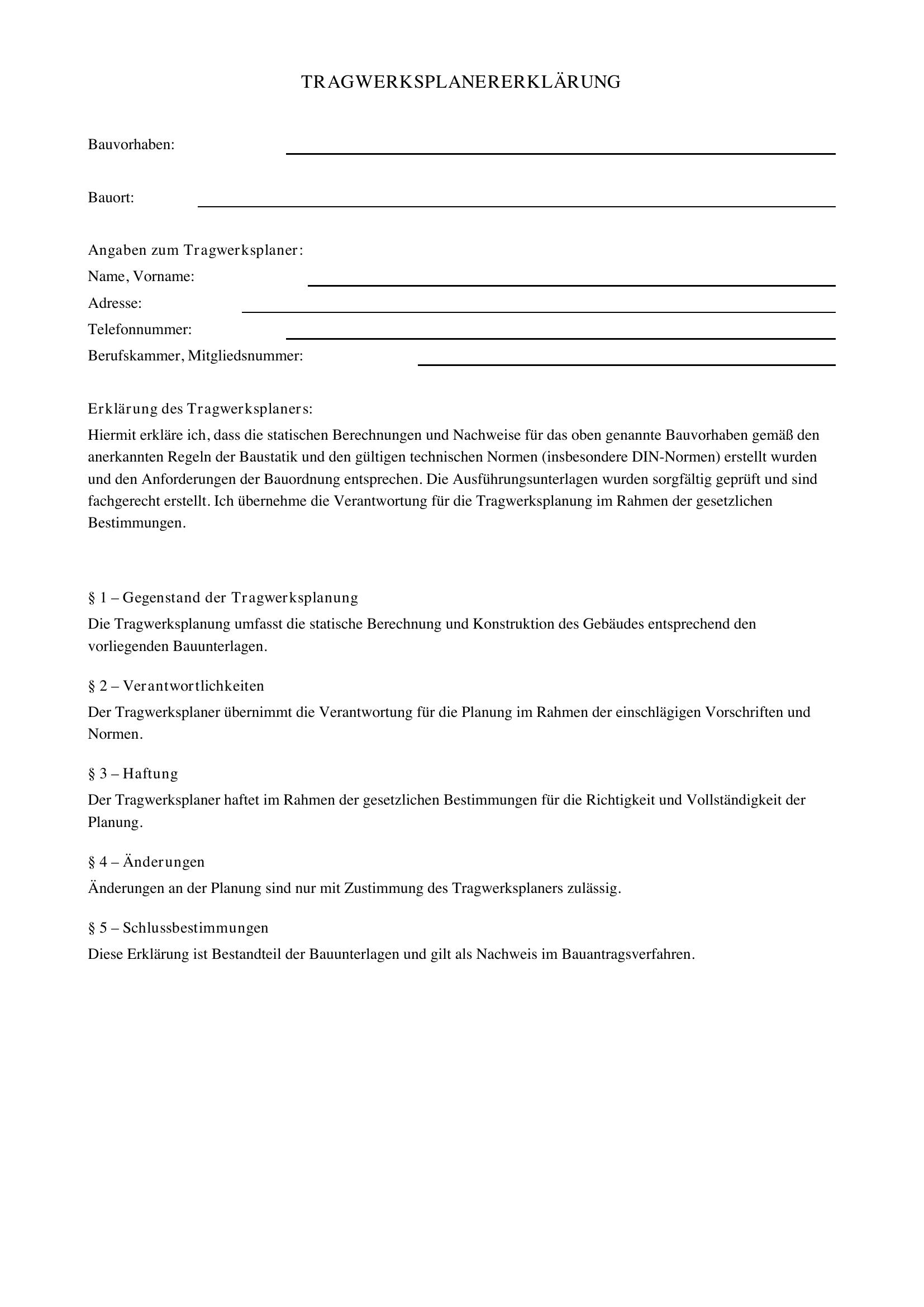 Tragwerksplanererklärung