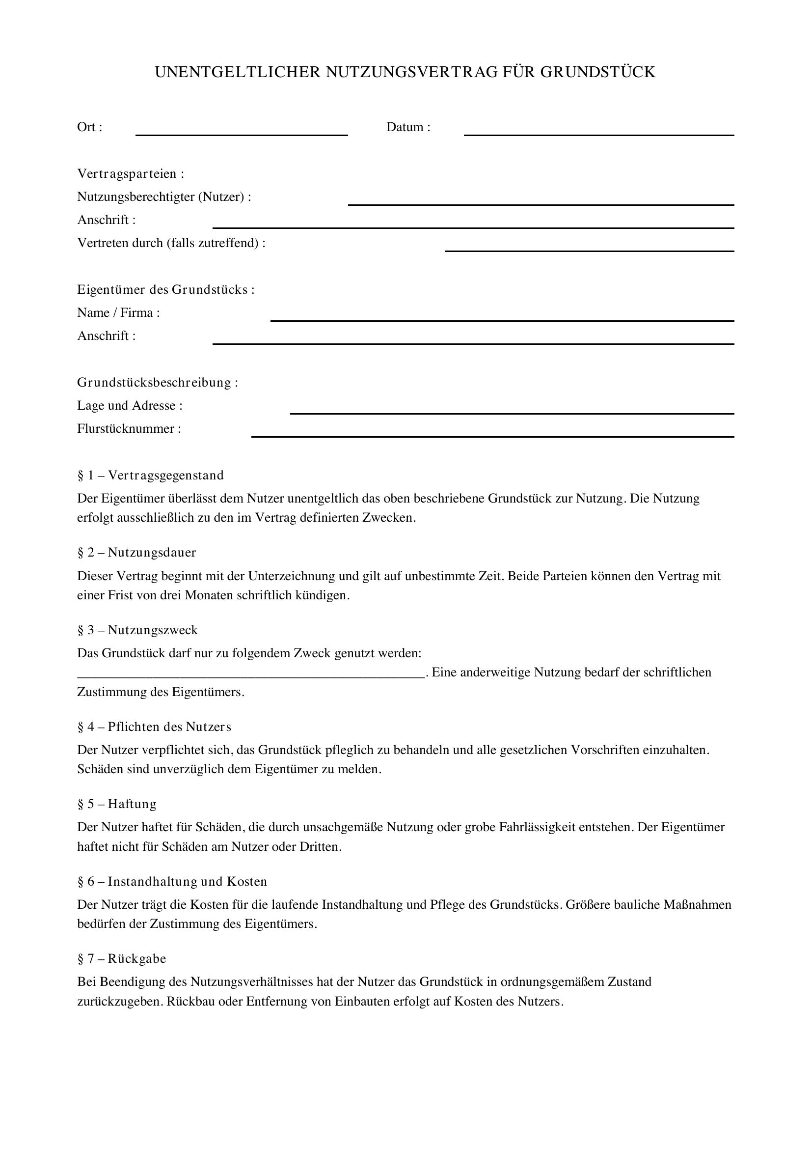 Unentgeltlicher Nutzungsvertrag Grundstück Muster