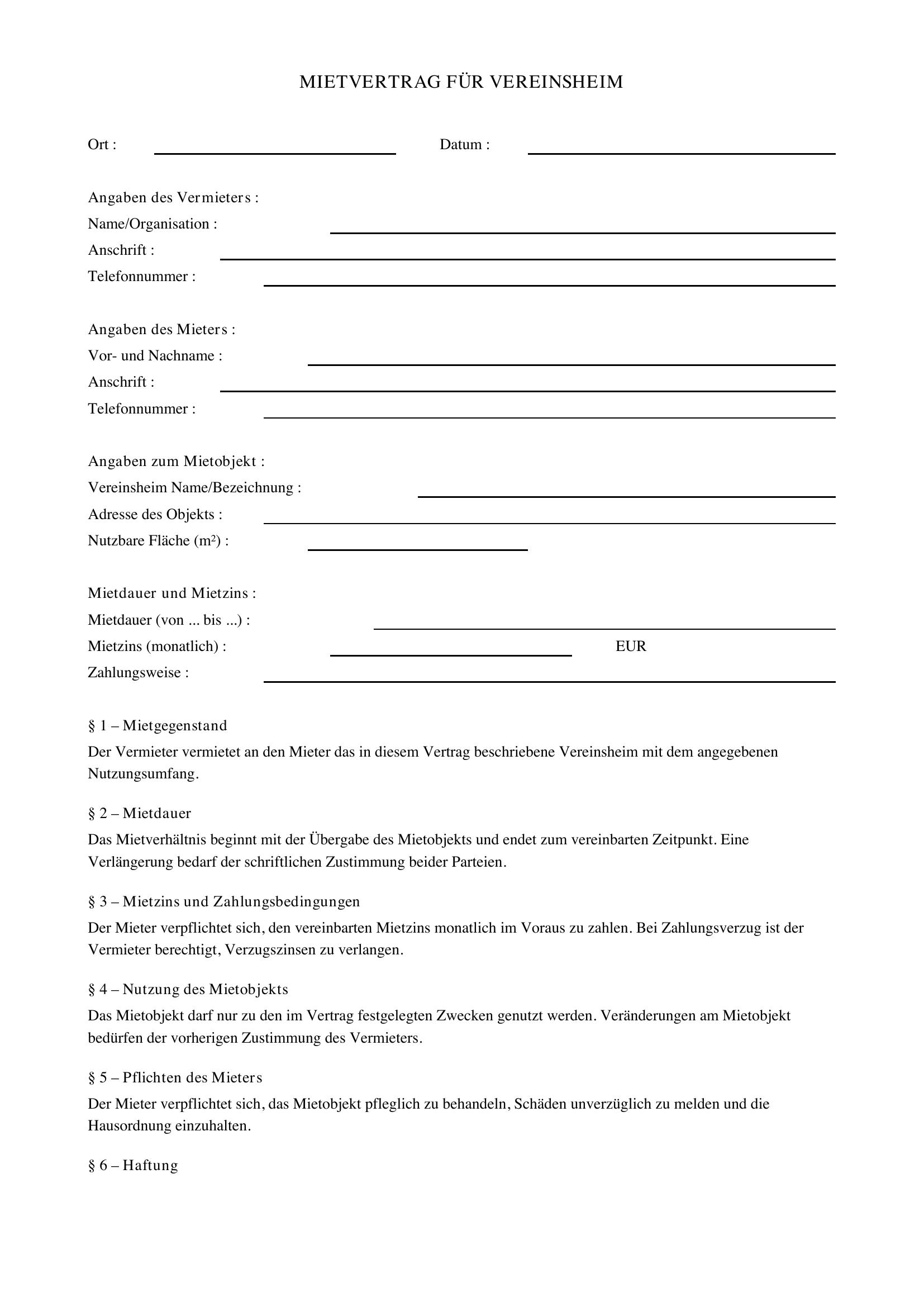 Vermietung Vereinsheim Vertrag