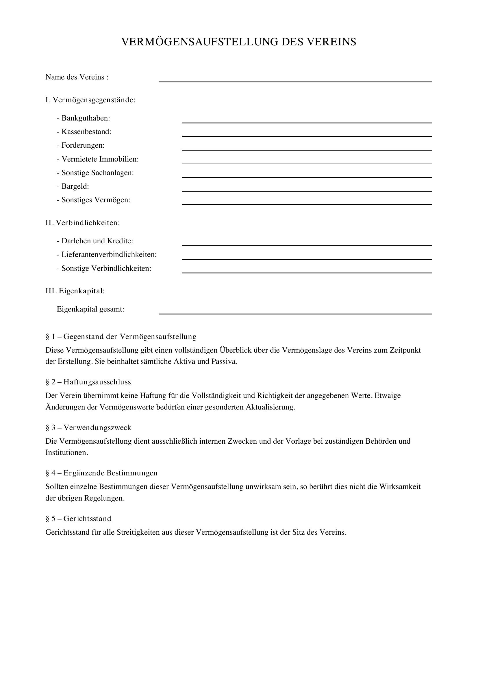 Vermögensaufstellung Verein Vorlage