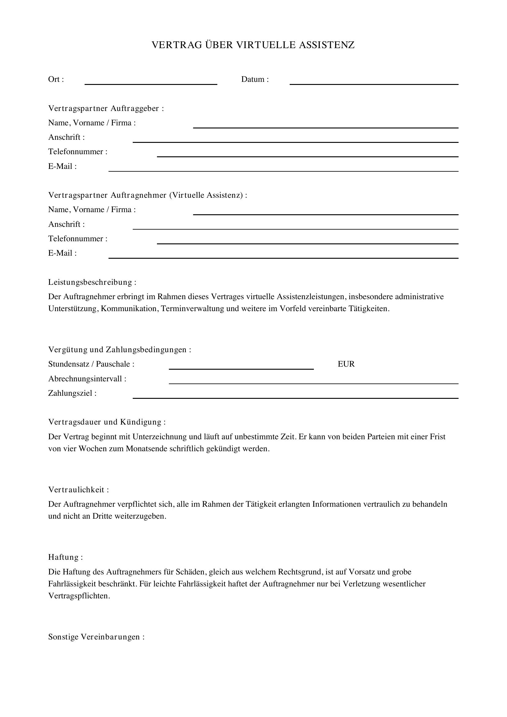 Vertrag Virtuelle Assistenz
