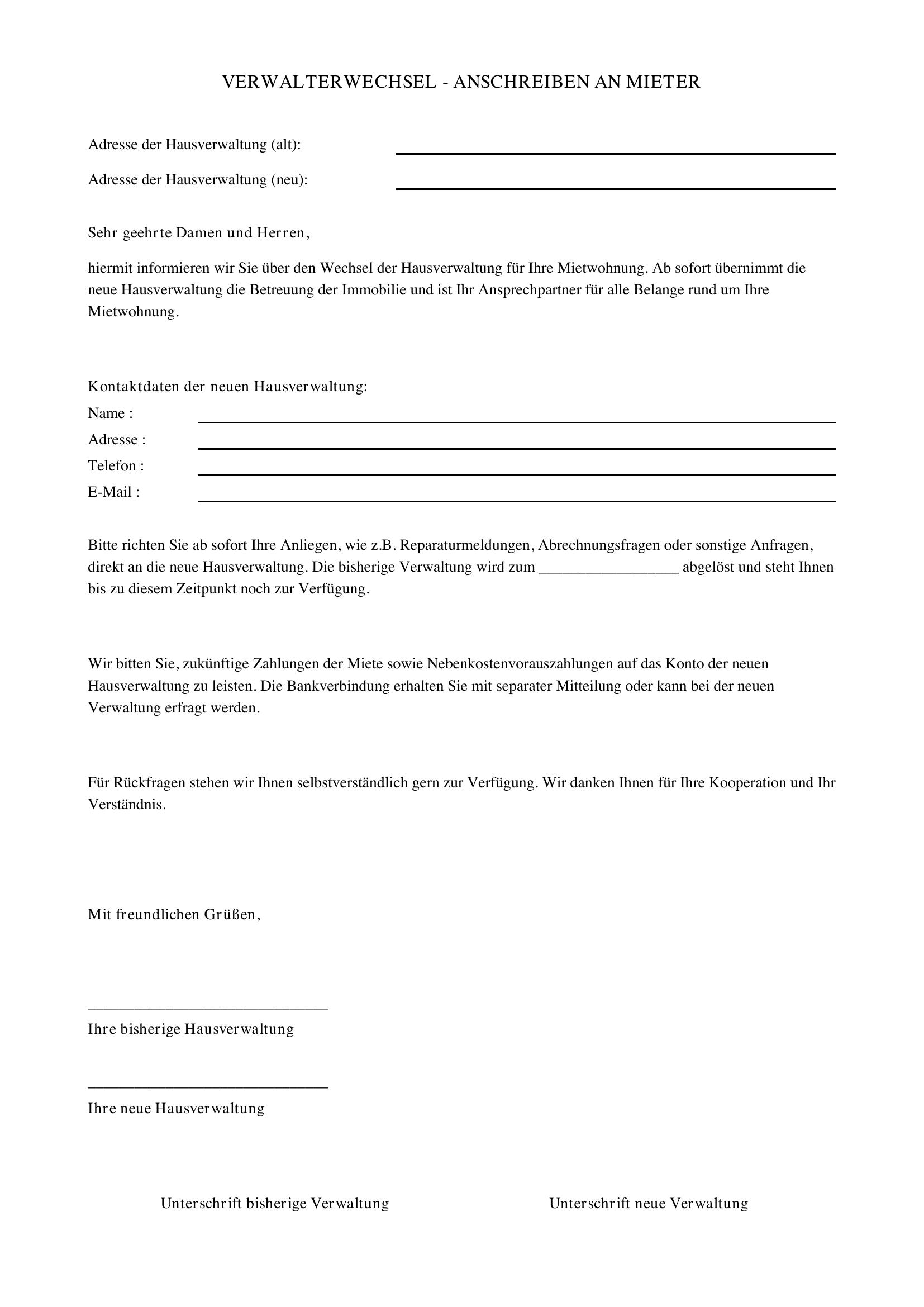Verwalterwechsel Anschreiben Mieter