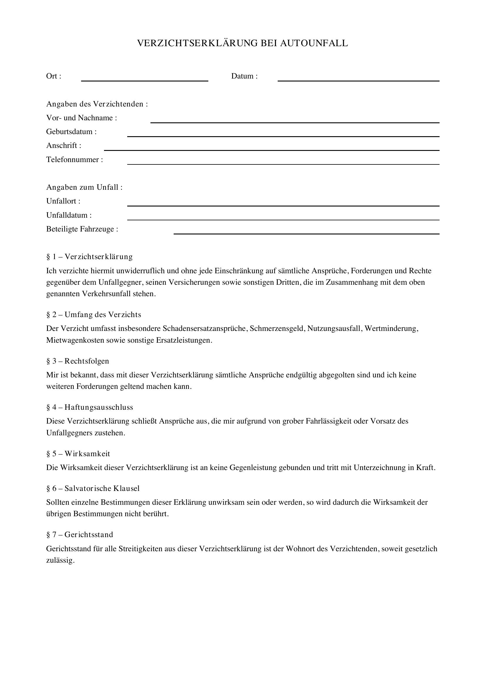 Verzichtserklärung Autounfall