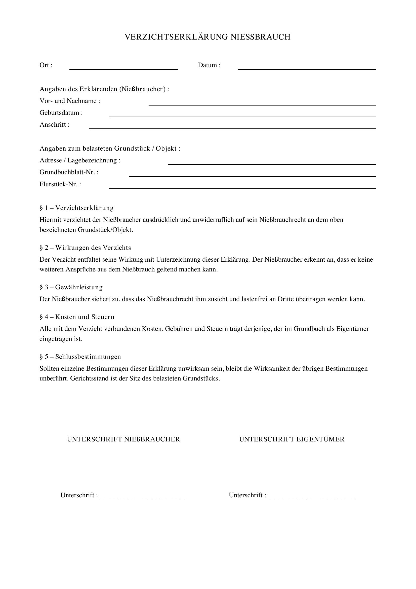 Verzichtserklärung Nießbrauch Muster