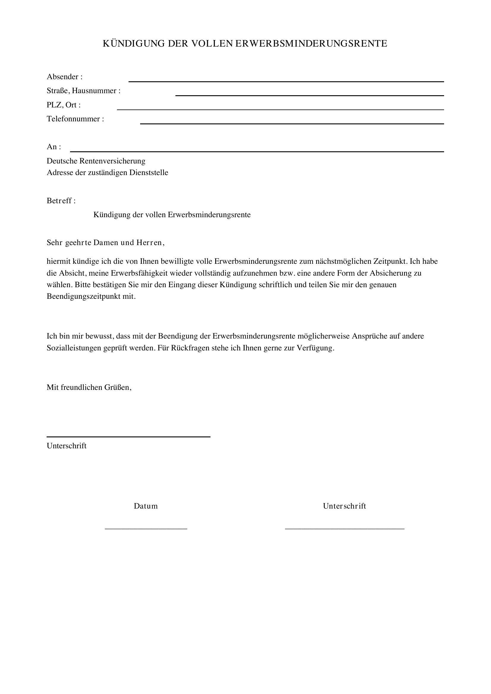 Volle Erwerbsminderungsrente Selber Kündigen Muster