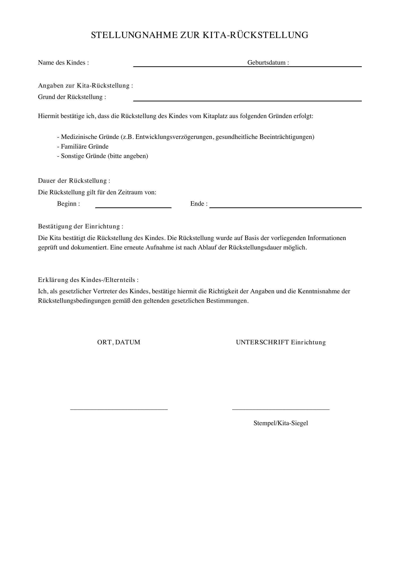 Vordruck Stellungnahme Kita Rückstellung