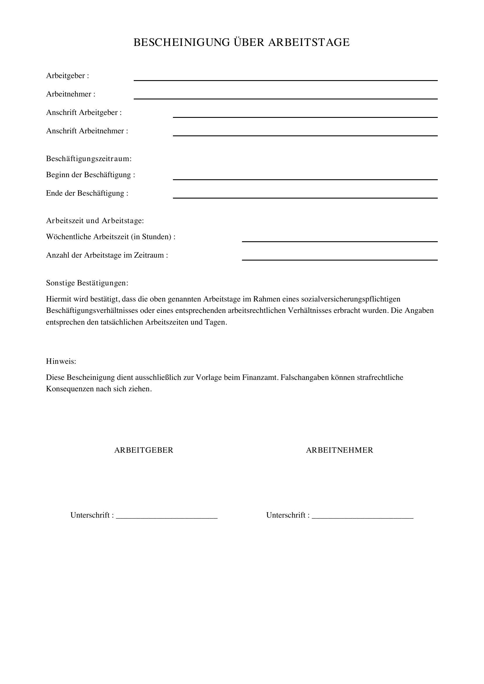 Vorlage Bescheinigung Arbeitstage Finanzamt