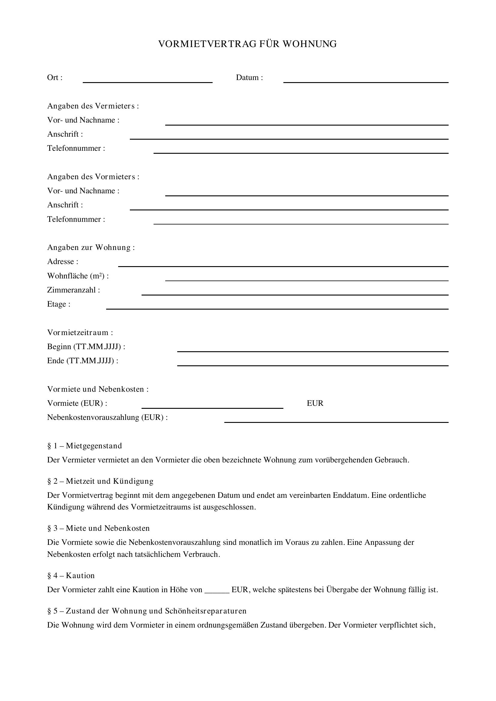 Vormietvertrag Wohnung