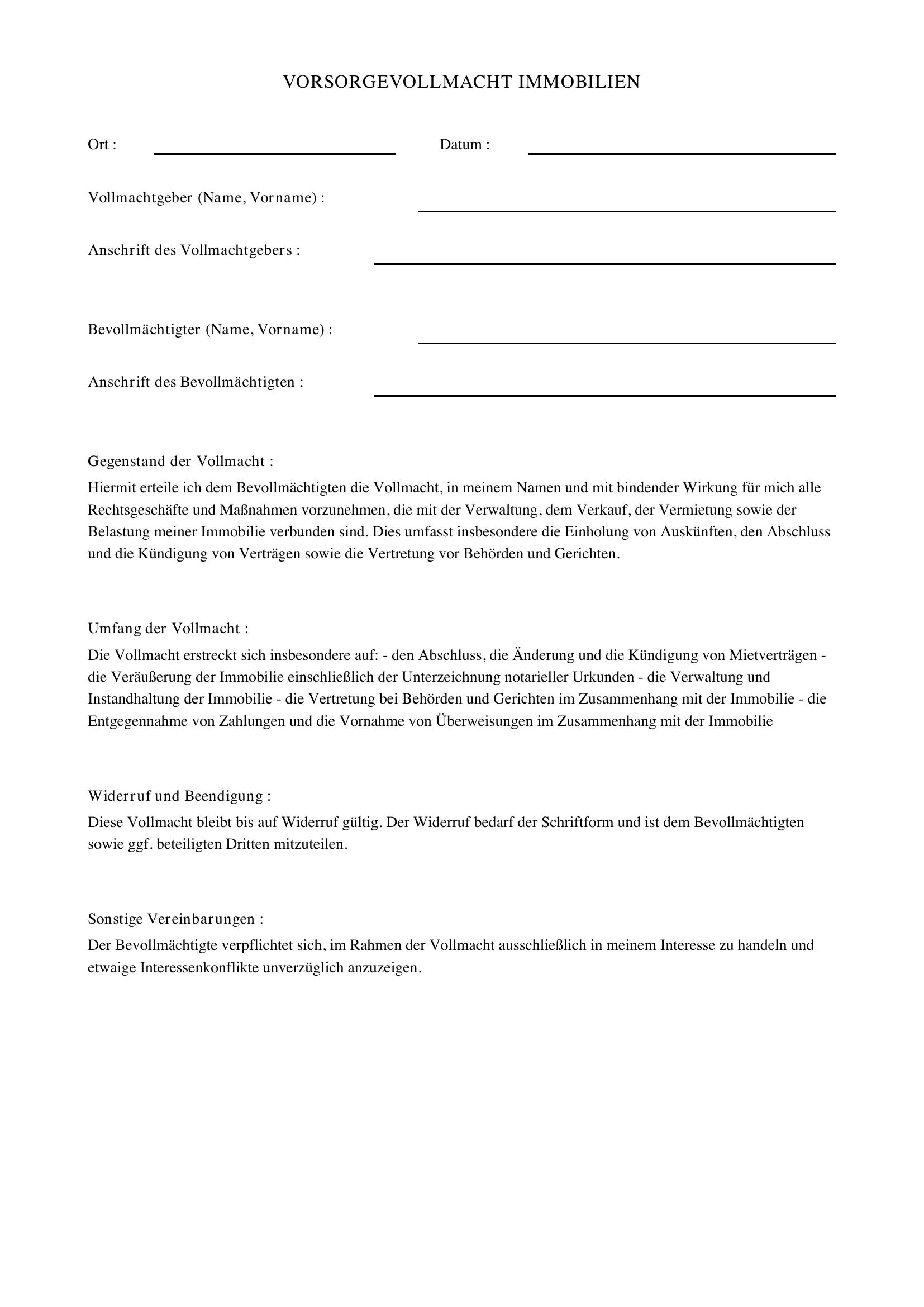 Vorsorgevollmacht Immobilien Muster