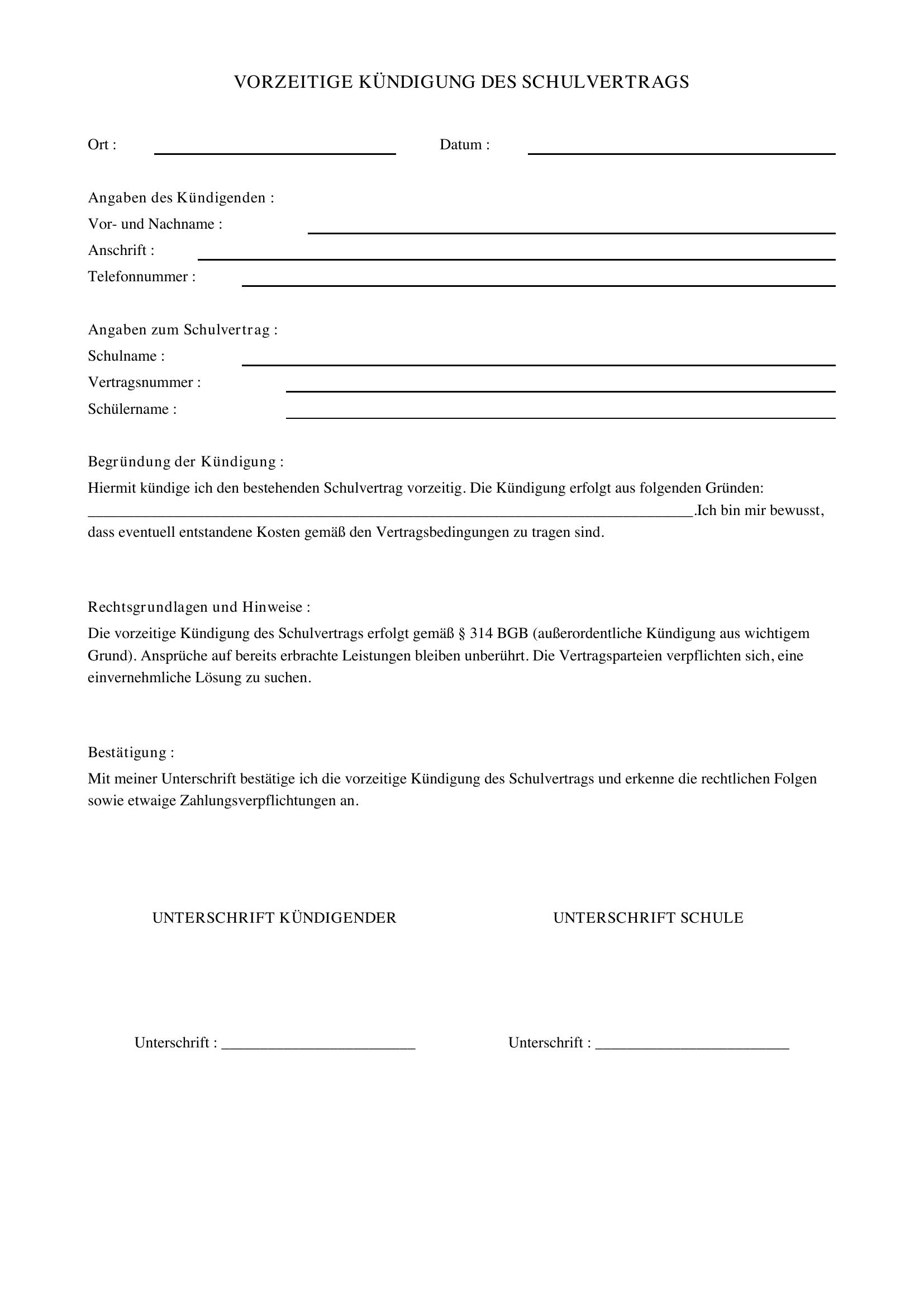 Vorzeitige Kündigung Schulvertrag