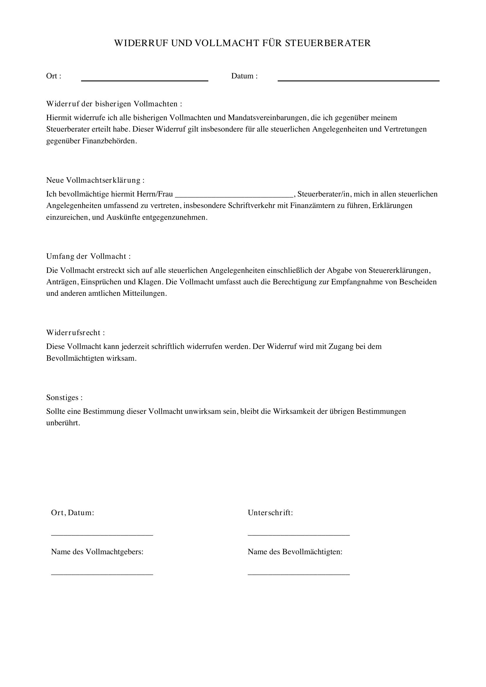 Widerruf Vollmacht Steuerberater Muster