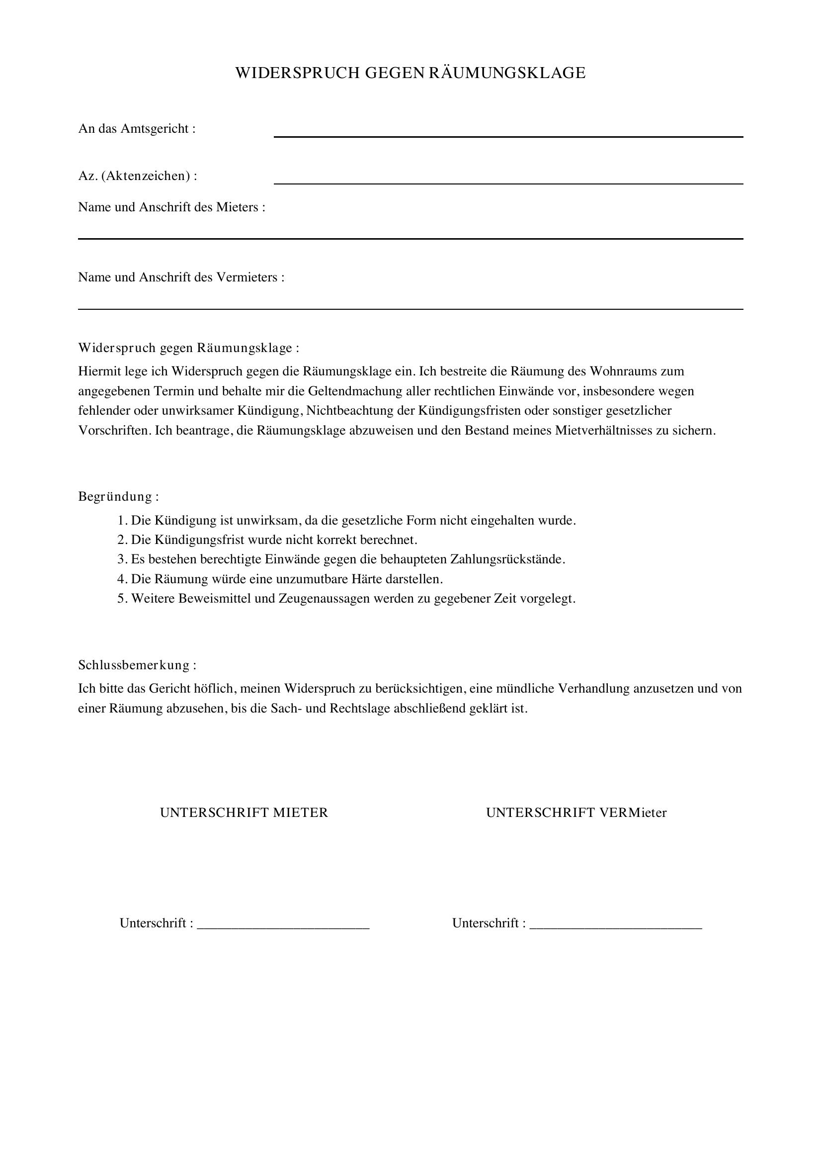 Widerspruch Räumungsklage