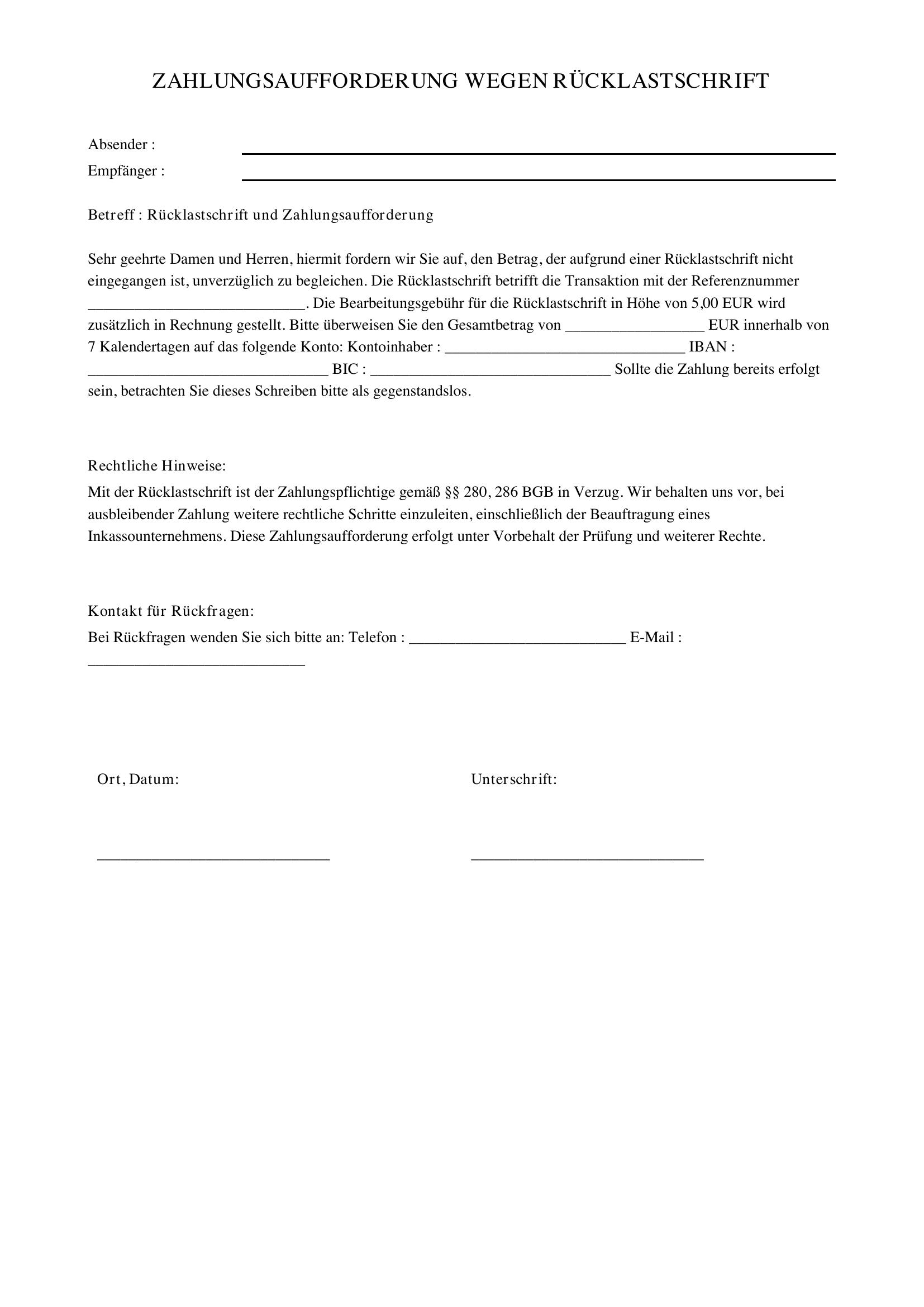 Zahlungsaufforderung Rücklastschrift Muster