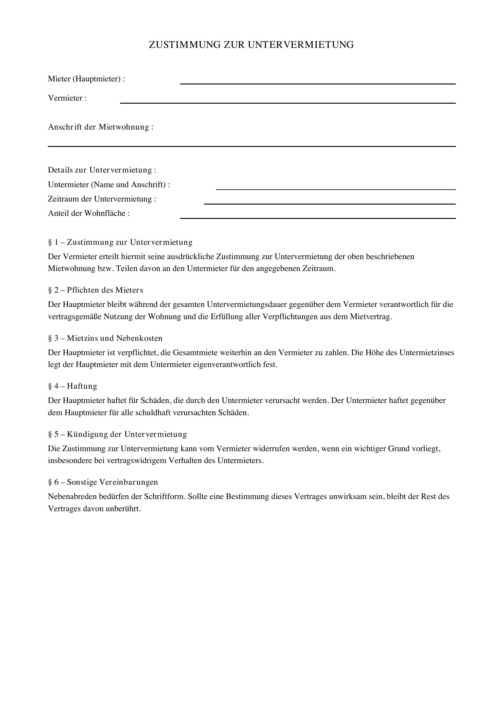 Zustimmung Zur Untervermietung